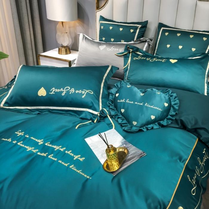 91家纺网 家纺一手货源 找家纺 眠帛家居 2020新款60水洗真丝刺绣心心相印四件套 绿色