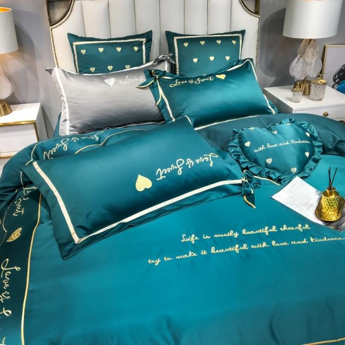 91家纺网 家纺一手货源 找家纺 眠帛家居 2020新款60水洗真丝刺绣心心相印四件套 绿色