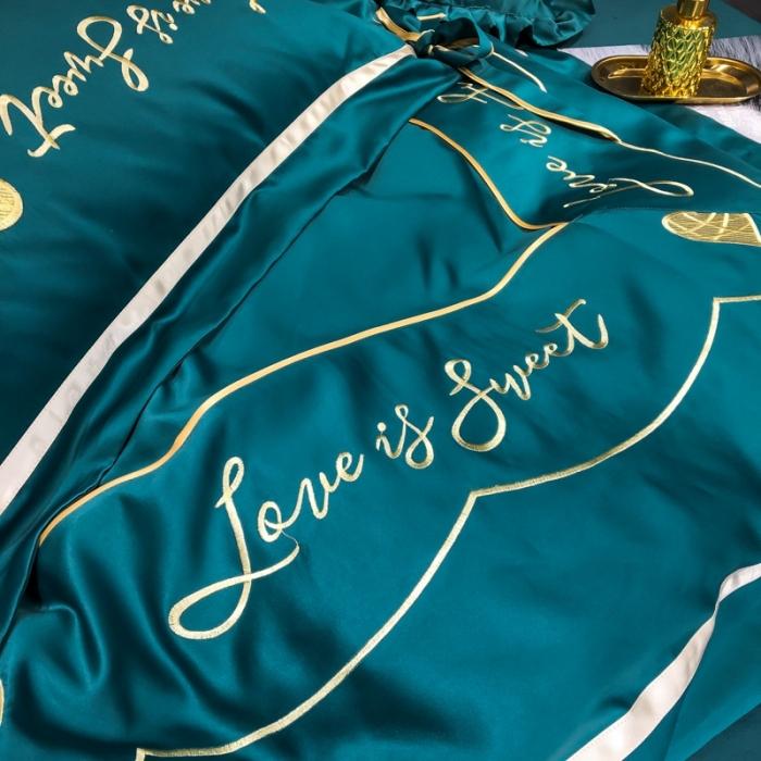 91家纺网 家纺一手货源 找家纺 眠帛家居 2020新款60水洗真丝刺绣心心相印四件套 绿色