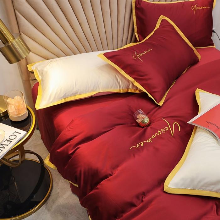 91家纺网 家纺一手货源 找家纺 安妮家居 2020新款全棉水洗真丝凯茜四件套新实拍 酒红