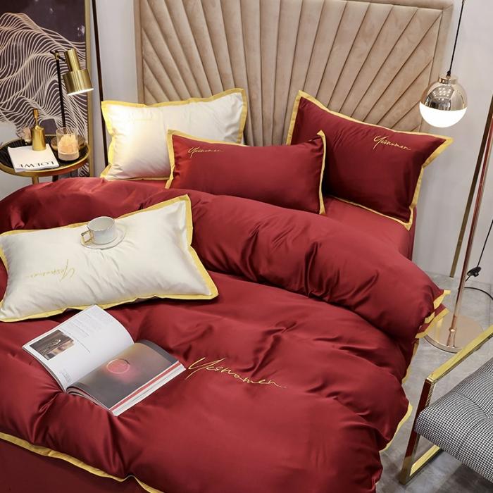 91家纺网 家纺一手货源 找家纺 安妮家居 2020新款全棉水洗真丝凯茜四件套新实拍 酒红