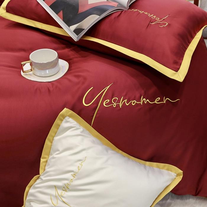 91家纺网 家纺一手货源 找家纺 安妮家居 2020新款全棉水洗真丝凯茜四件套新实拍 酒红