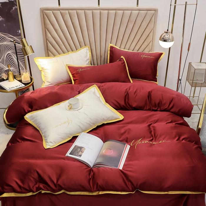 91家纺网 家纺一手货源 找家纺 安妮家居 2020新款全棉水洗真丝凯茜四件套新实拍 酒红