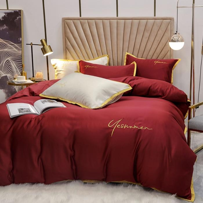 91家纺网 家纺一手货源 找家纺 安妮家居 2020新款全棉水洗真丝凯茜四件套新实拍 酒红