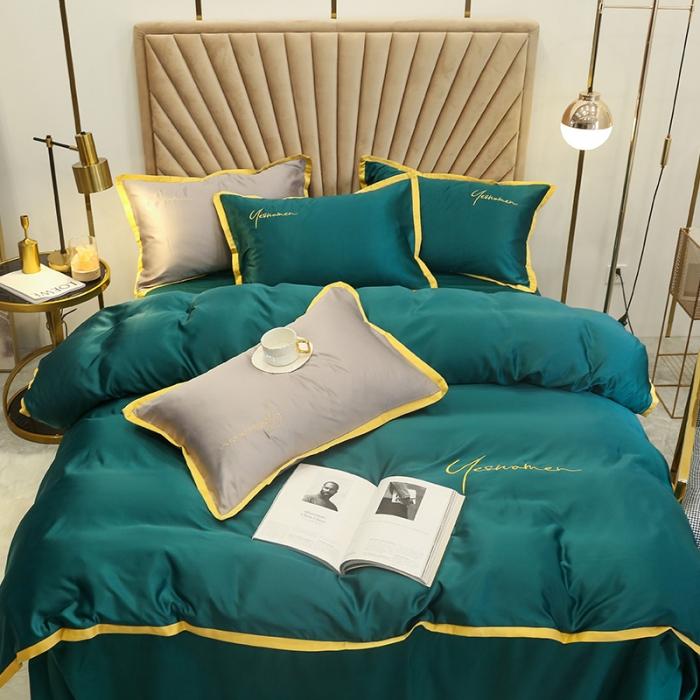 91家纺网 家纺一手货源 找家纺 安妮家居 2020新款全棉水洗真丝凯茜四件套新实拍 墨绿