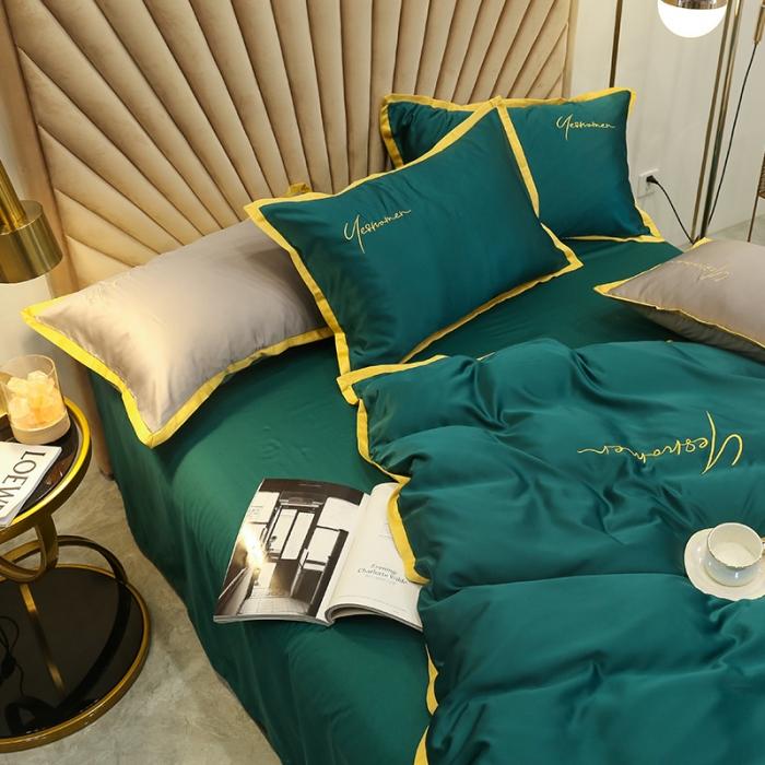 91家纺网 家纺一手货源 找家纺 安妮家居 2020新款全棉水洗真丝凯茜四件套新实拍 墨绿