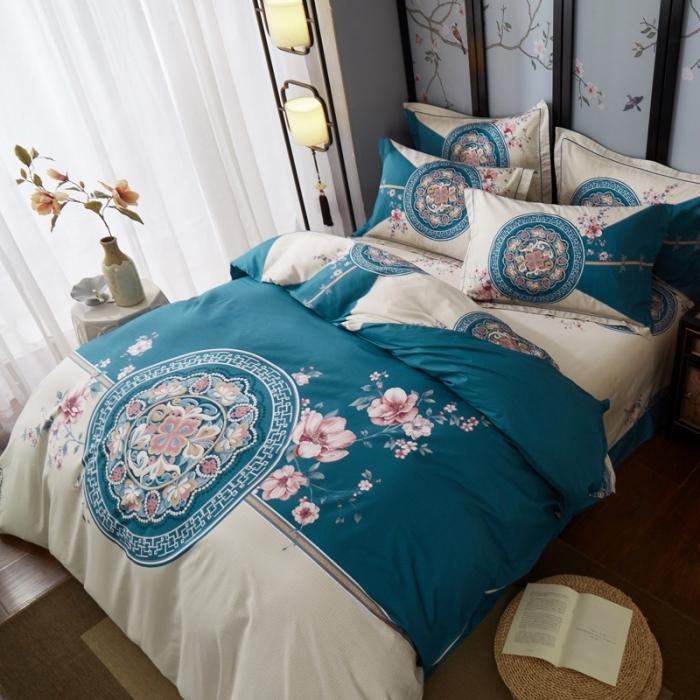 91家纺网 家纺一手货源 找家纺 雲归梦 2020新款13372全棉大版四件套第二批 花满庭-深蓝