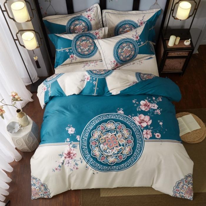 91家纺网 家纺一手货源 找家纺 雲归梦 2020新款13372全棉大版四件套第二批 花满庭-深蓝