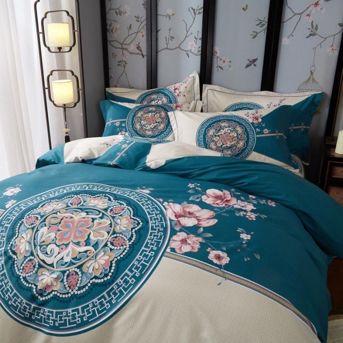 91家纺网 家纺一手货源 找家纺 雲归梦 2020新款13372全棉大版四件套第二批 花满庭-深蓝