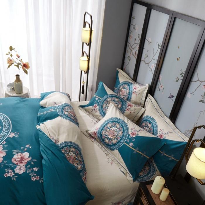 91家纺网 家纺一手货源 找家纺 雲归梦 2020新款13372全棉大版四件套第二批 花满庭-深蓝