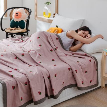朴尔植物印染全棉纱布毛巾被可机洗床单双人休闲盖毯夏被草莓-粉