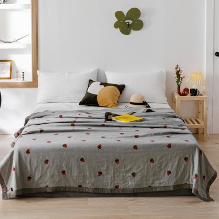 朴尔植物印染全棉纱布毛巾被可机洗床单双人休闲盖毯夏被草莓-灰