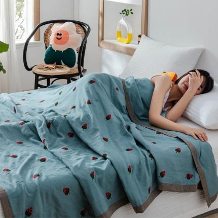 朴尔植物印染全棉纱布毛巾被可机洗床单双人休闲盖毯夏被草莓-兰