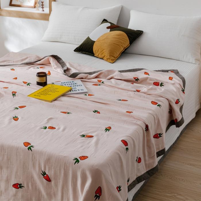 91家纺网 家纺一手货源 找家纺 朴尔植物印染全棉纱布毛巾被可机洗床单双人休闲盖毯夏被胡萝卜粉