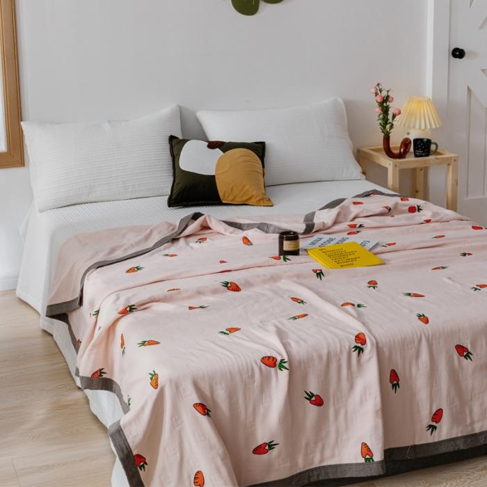 91家纺网 家纺一手货源 找家纺 朴尔植物印染全棉纱布毛巾被可机洗床单双人休闲盖毯夏被胡萝卜粉