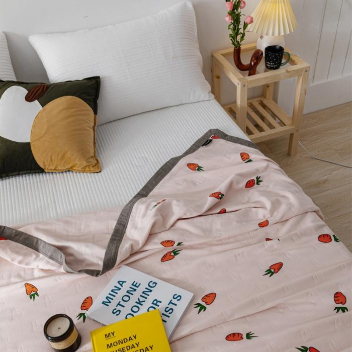 91家纺网 家纺一手货源 找家纺 朴尔植物印染全棉纱布毛巾被可机洗床单双人休闲盖毯夏被胡萝卜粉