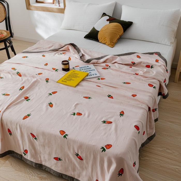 91家纺网 家纺一手货源 找家纺 朴尔植物印染全棉纱布毛巾被可机洗床单双人休闲盖毯夏被胡萝卜粉