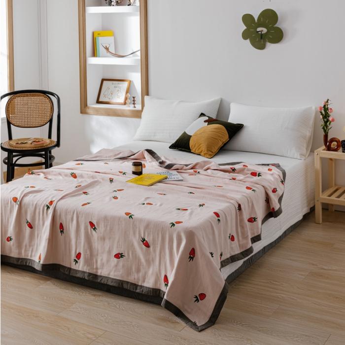 91家纺网 家纺一手货源 找家纺 朴尔植物印染全棉纱布毛巾被可机洗床单双人休闲盖毯夏被胡萝卜粉