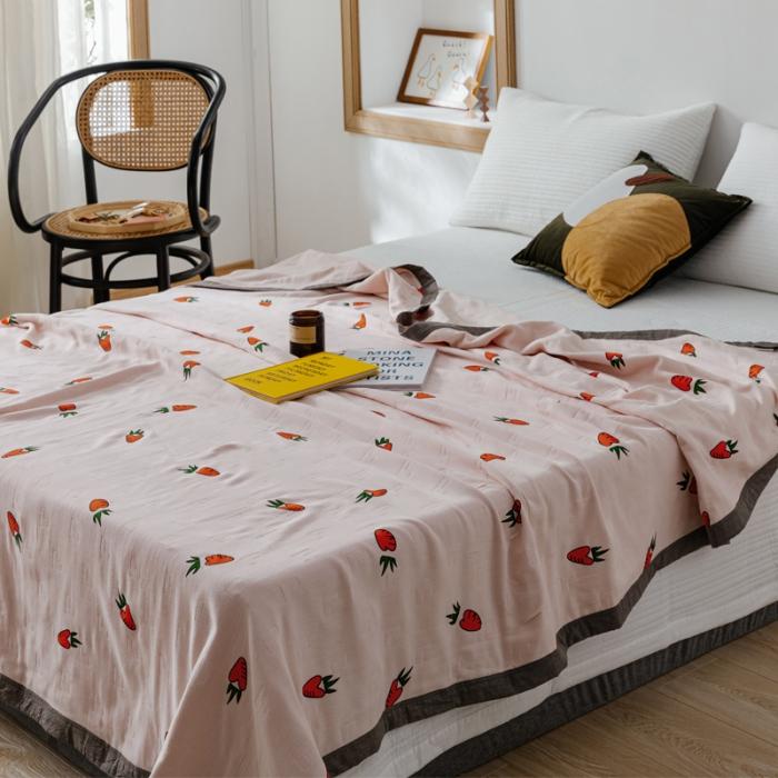 91家纺网 家纺一手货源 找家纺 朴尔植物印染全棉纱布毛巾被可机洗床单双人休闲盖毯夏被胡萝卜粉