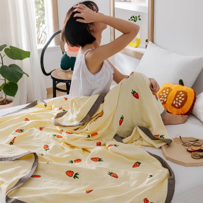 91家纺网 家纺一手货源 找家纺 朴尔植物印染全棉纱布毛巾被可机洗床单双人休闲盖毯夏被胡萝卜黄