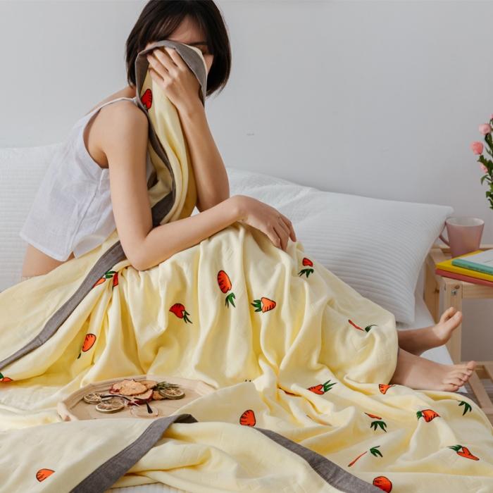 91家纺网 家纺一手货源 找家纺 朴尔植物印染全棉纱布毛巾被可机洗床单双人休闲盖毯夏被胡萝卜黄