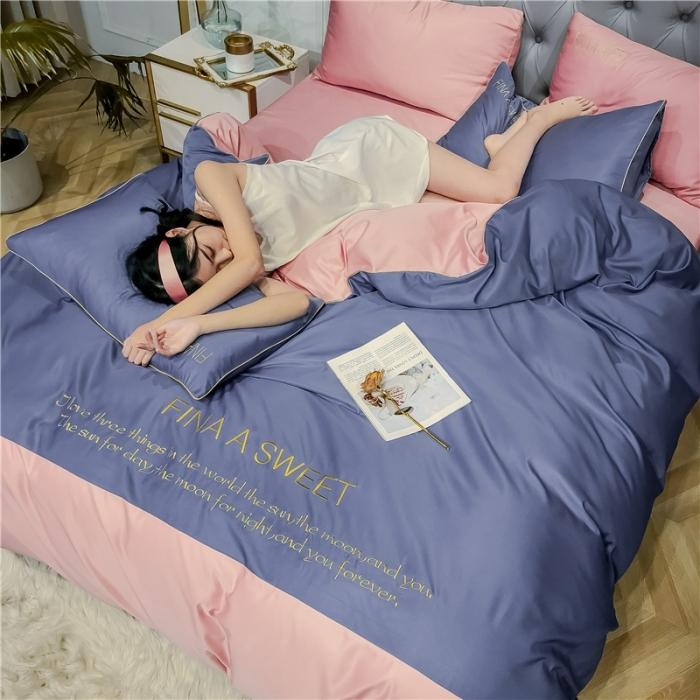 91家纺网 家纺一手货源 找家纺 润缦 2020新款水洗真丝四件套双拼系列 宾利蓝+浅豆沙