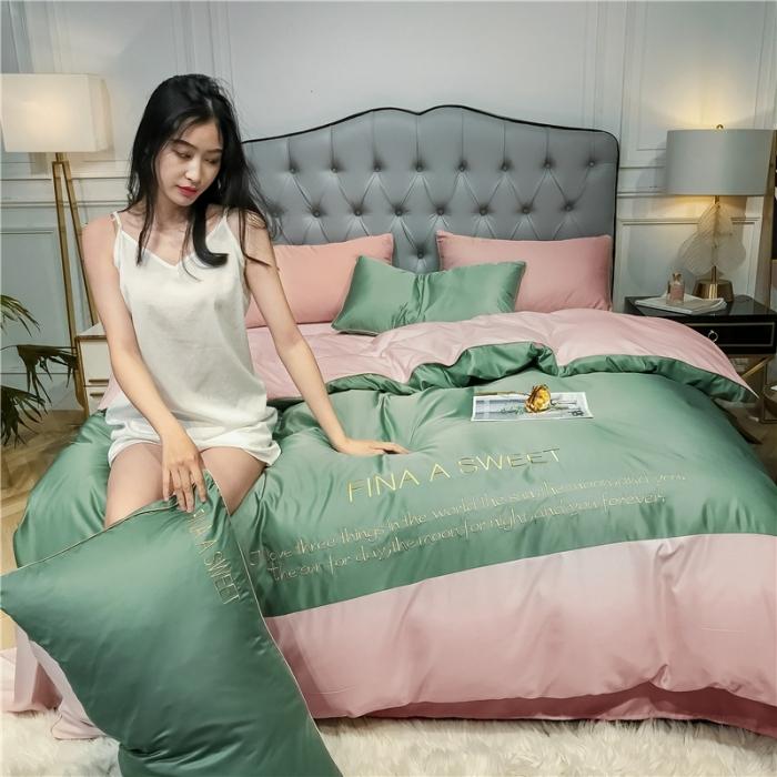 91家纺网 家纺一手货源 找家纺 润缦 2020新款水洗真丝四件套双拼系列 灰草绿+玫瑰粉