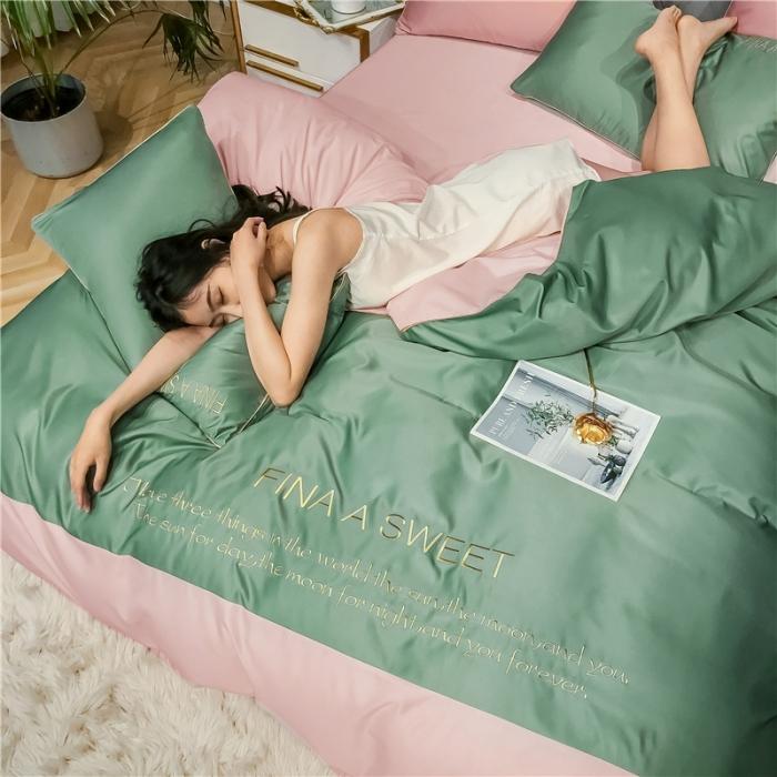 91家纺网 家纺一手货源 找家纺 润缦 2020新款水洗真丝四件套双拼系列 灰草绿+玫瑰粉