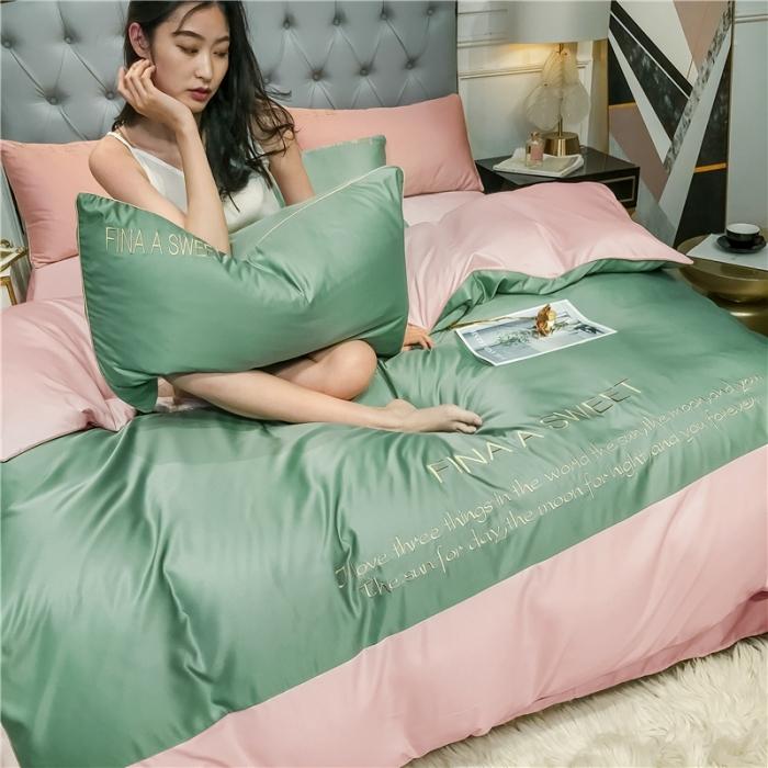 91家纺网 家纺一手货源 找家纺 润缦 2020新款水洗真丝四件套双拼系列 灰草绿+玫瑰粉