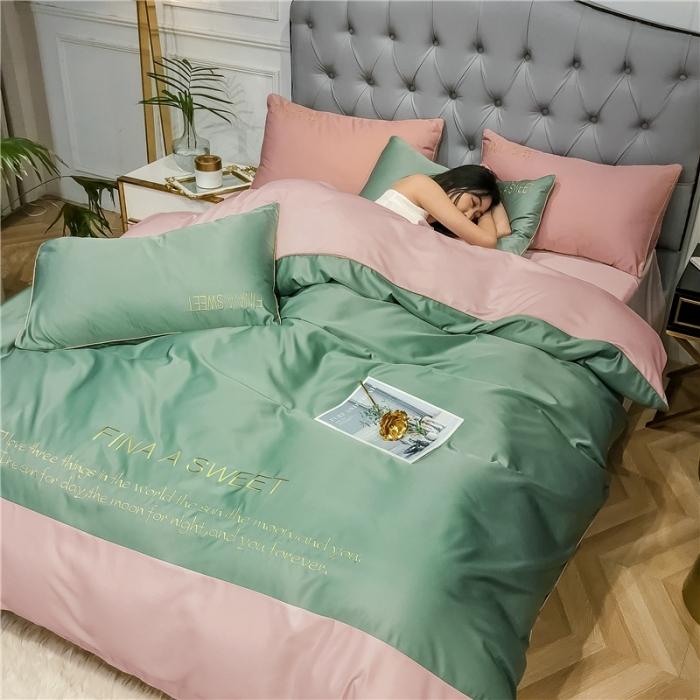 91家纺网 家纺一手货源 找家纺 润缦 2020新款水洗真丝四件套双拼系列 灰草绿+玫瑰粉