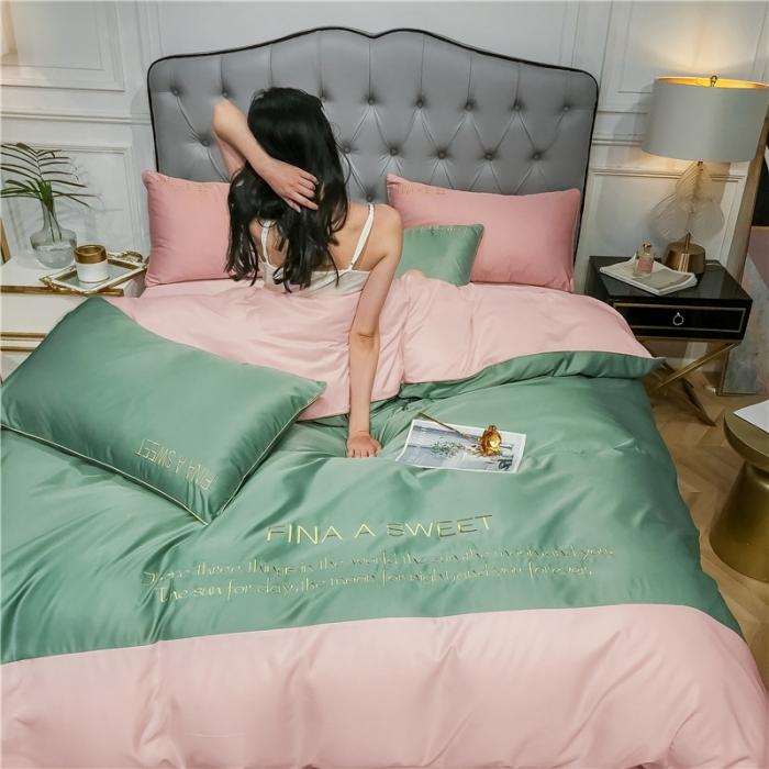 91家纺网 家纺一手货源 找家纺 润缦 2020新款水洗真丝四件套双拼系列 灰草绿+玫瑰粉