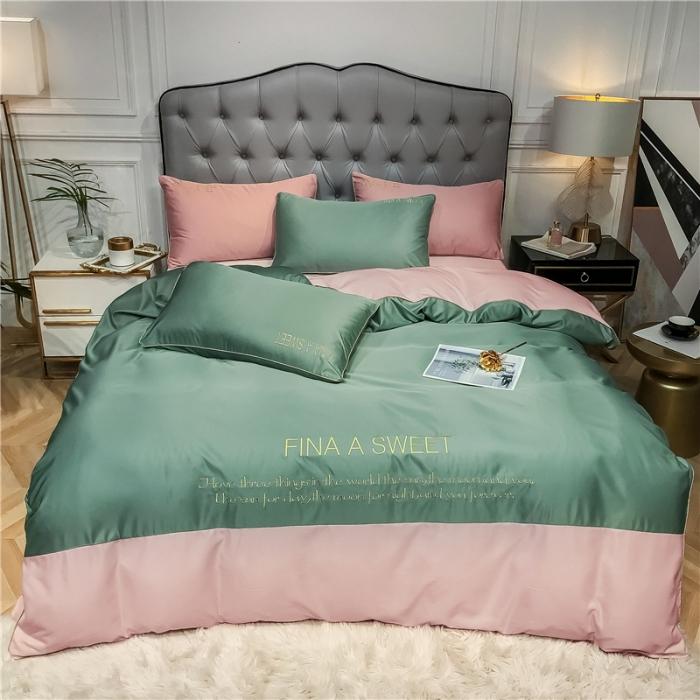 91家纺网 家纺一手货源 找家纺 润缦 2020新款水洗真丝四件套双拼系列 灰草绿+玫瑰粉