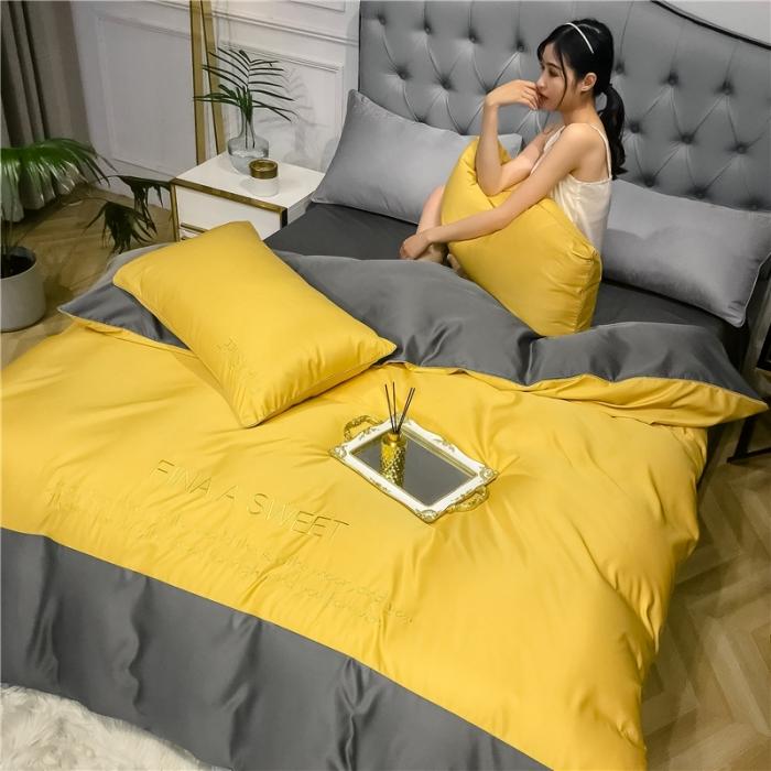 91家纺网 家纺一手货源 找家纺 润缦 2020新款水洗真丝四件套双拼系列 姜黄+绅士灰