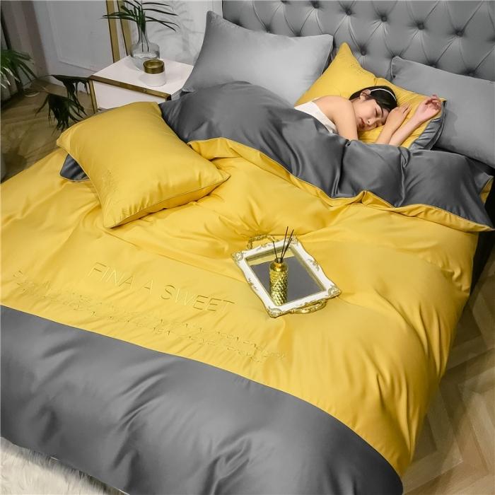 91家纺网 家纺一手货源 找家纺 润缦 2020新款水洗真丝四件套双拼系列 姜黄+绅士灰