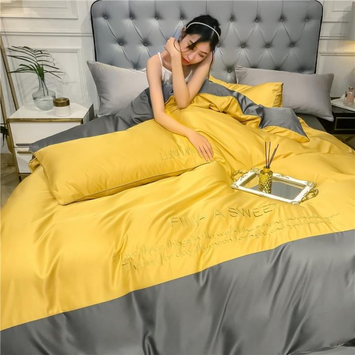 91家纺网 家纺一手货源 找家纺 润缦 2020新款水洗真丝四件套双拼系列 姜黄+绅士灰