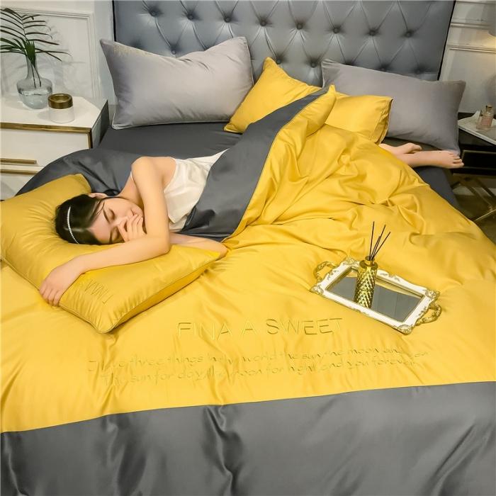 91家纺网 家纺一手货源 找家纺 润缦 2020新款水洗真丝四件套双拼系列 姜黄+绅士灰