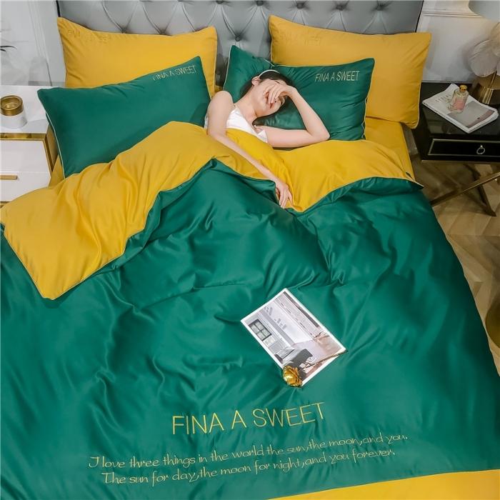 91家纺网 家纺一手货源 找家纺 润缦 2020新款水洗真丝四件套双拼系列 墨绿+姜黄