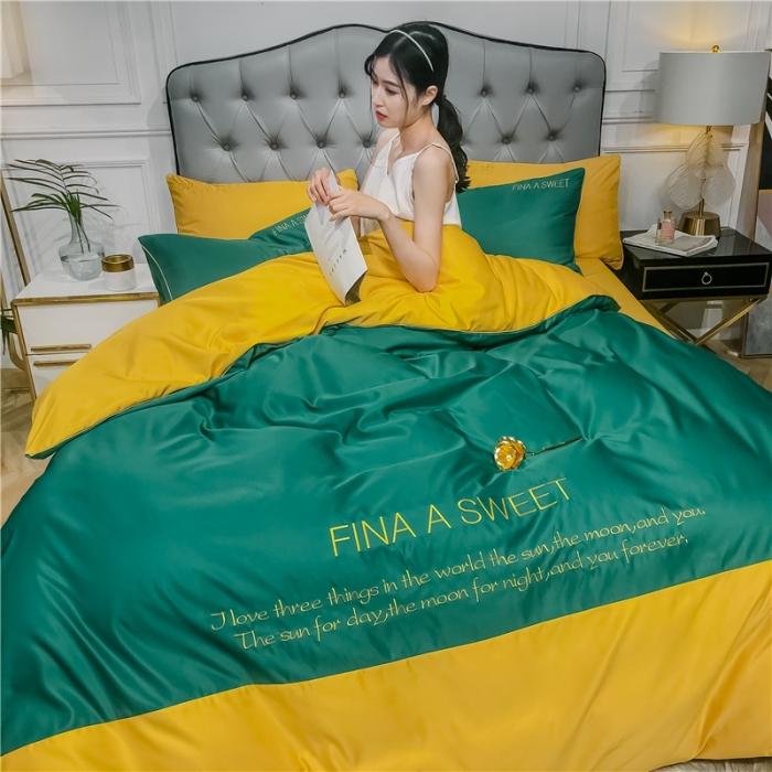 91家纺网 家纺一手货源 找家纺 润缦 2020新款水洗真丝四件套双拼系列 墨绿+姜黄