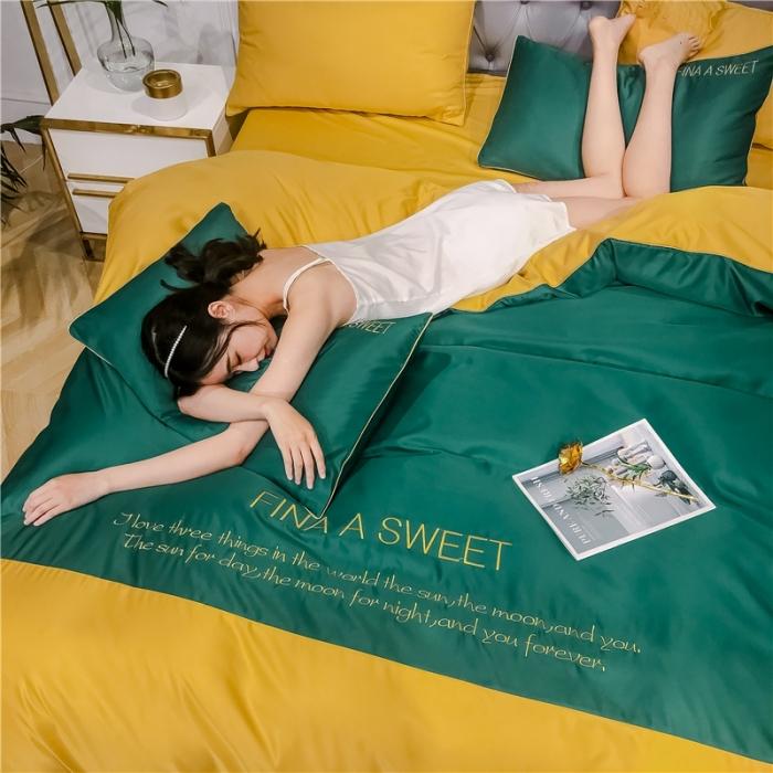 91家纺网 家纺一手货源 找家纺 润缦 2020新款水洗真丝四件套双拼系列 墨绿+姜黄