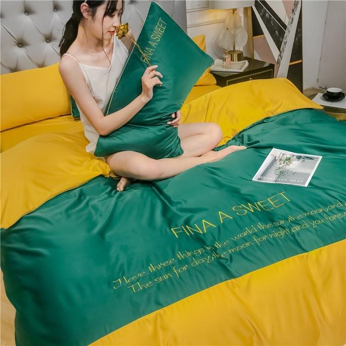 91家纺网 家纺一手货源 找家纺 润缦 2020新款水洗真丝四件套双拼系列 墨绿+姜黄