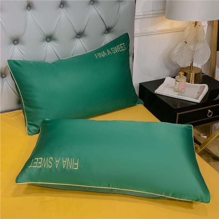 91家纺网 家纺一手货源 找家纺 润缦 2020新款水洗真丝四件套双拼系列 墨绿+姜黄