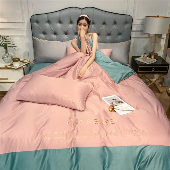 91家纺网 家纺一手货源 找家纺 润缦 2020新款水洗真丝四件套双拼系列 浅豆沙+浅石兰