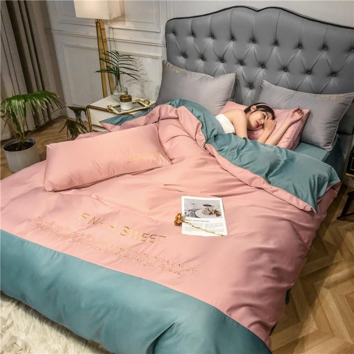 91家纺网 家纺一手货源 找家纺 润缦 2020新款水洗真丝四件套双拼系列 浅豆沙+浅石兰