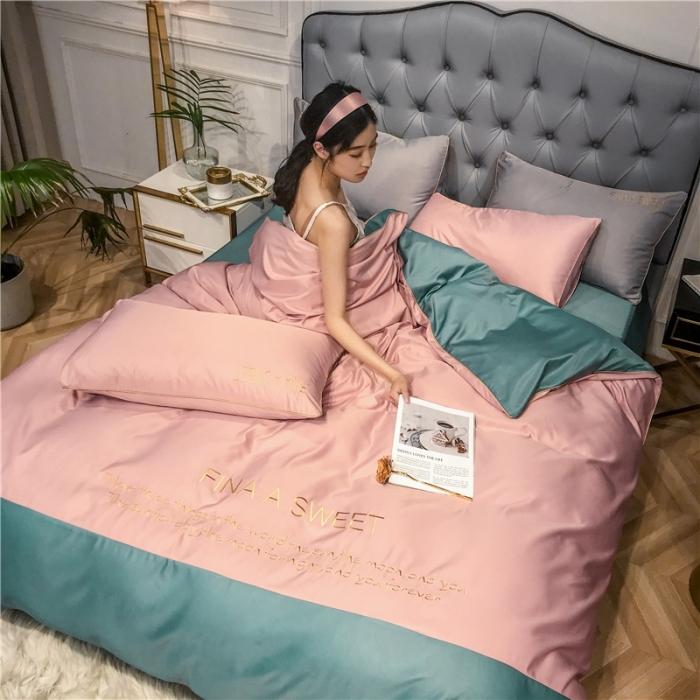 91家纺网 家纺一手货源 找家纺 润缦 2020新款水洗真丝四件套双拼系列 浅豆沙+浅石兰