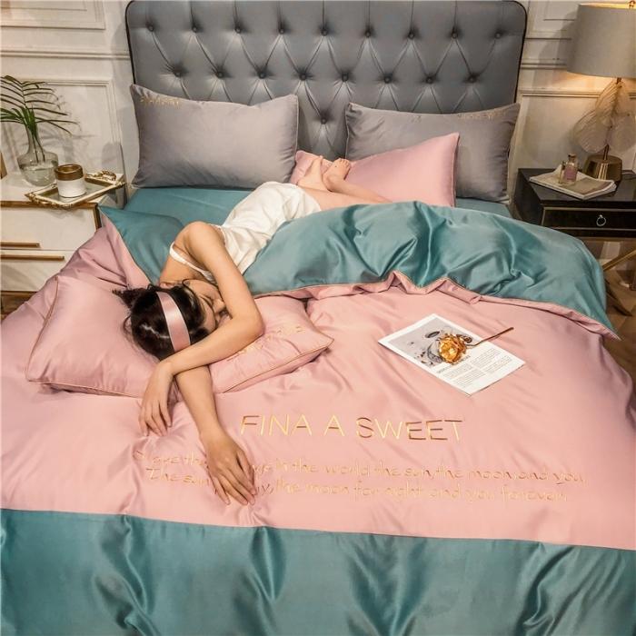 91家纺网 家纺一手货源 找家纺 润缦 2020新款水洗真丝四件套双拼系列 浅豆沙+浅石兰