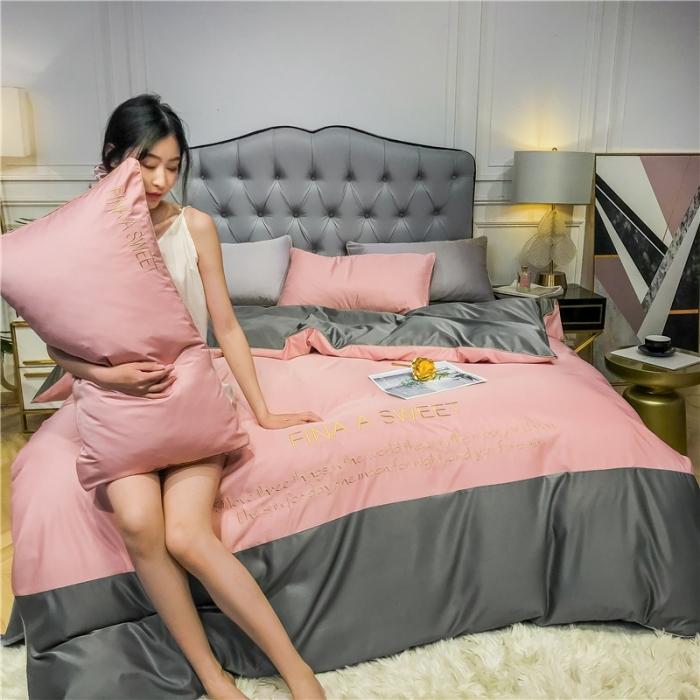 91家纺网 家纺一手货源 找家纺 润缦 2020新款水洗真丝四件套双拼系列 浅豆沙+绅士灰