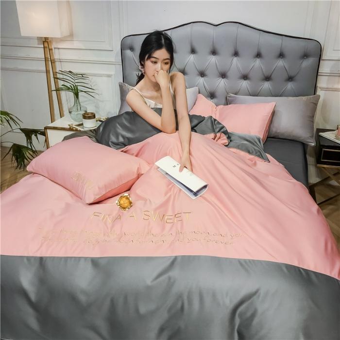 91家纺网 家纺一手货源 找家纺 润缦 2020新款水洗真丝四件套双拼系列 浅豆沙+绅士灰