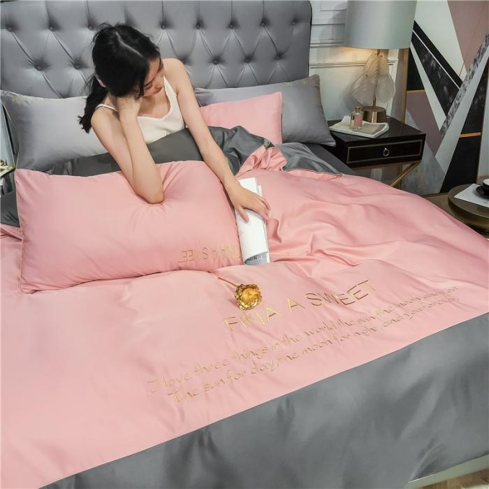 91家纺网 家纺一手货源 找家纺 润缦 2020新款水洗真丝四件套双拼系列 浅豆沙+绅士灰