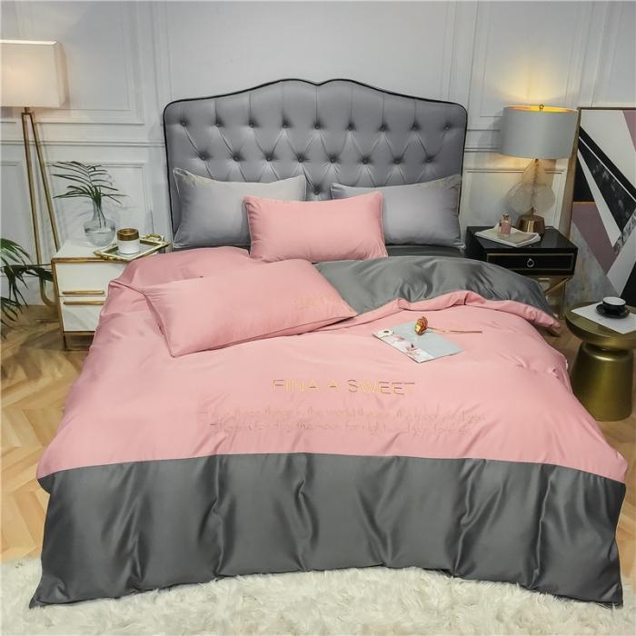 91家纺网 家纺一手货源 找家纺 润缦 2020新款水洗真丝四件套双拼系列 浅豆沙+绅士灰