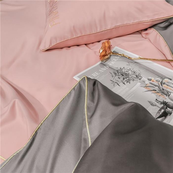 91家纺网 家纺一手货源 找家纺 润缦 2020新款水洗真丝四件套双拼系列 浅豆沙+绅士灰